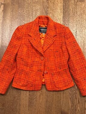 Vintage 90s Versace Jeans Couture Orange Wool Tweed Jacket Blazer Womens IT 44